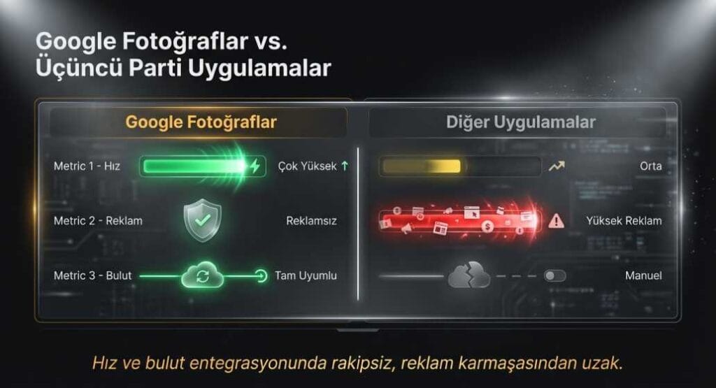 Google Fotoğraflar vs Üçüncü Parti Uygulamalar Karşılaştırma Grafiği