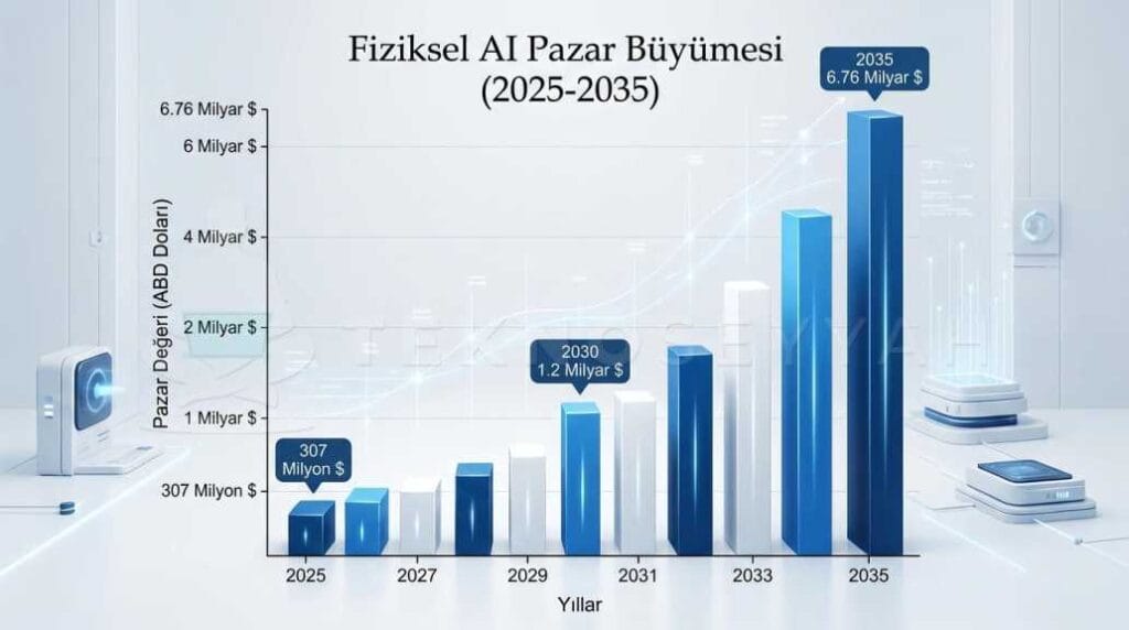 Fiziksel Yapay Zeka pazar büyümesinin 10 yıl içerisinde 6.76 Milyar Dolara ulaşacağını gösteren, 3D modern sütun grafik