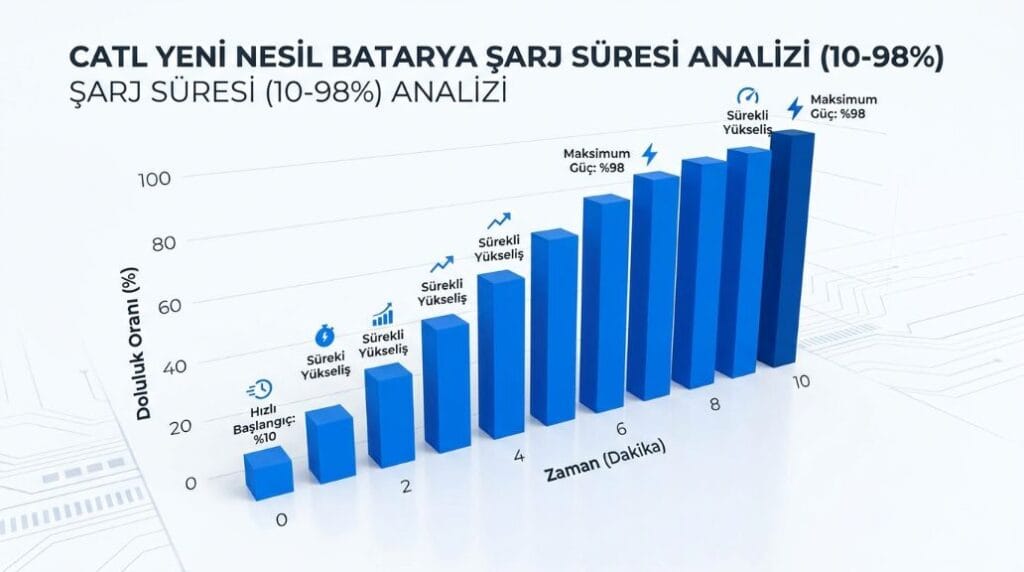 Batarya Doluluk Oranının, %10'dan %98'e hızlı artış durumunu net bir şekilde gösteren, 3D modern çizgi grafik