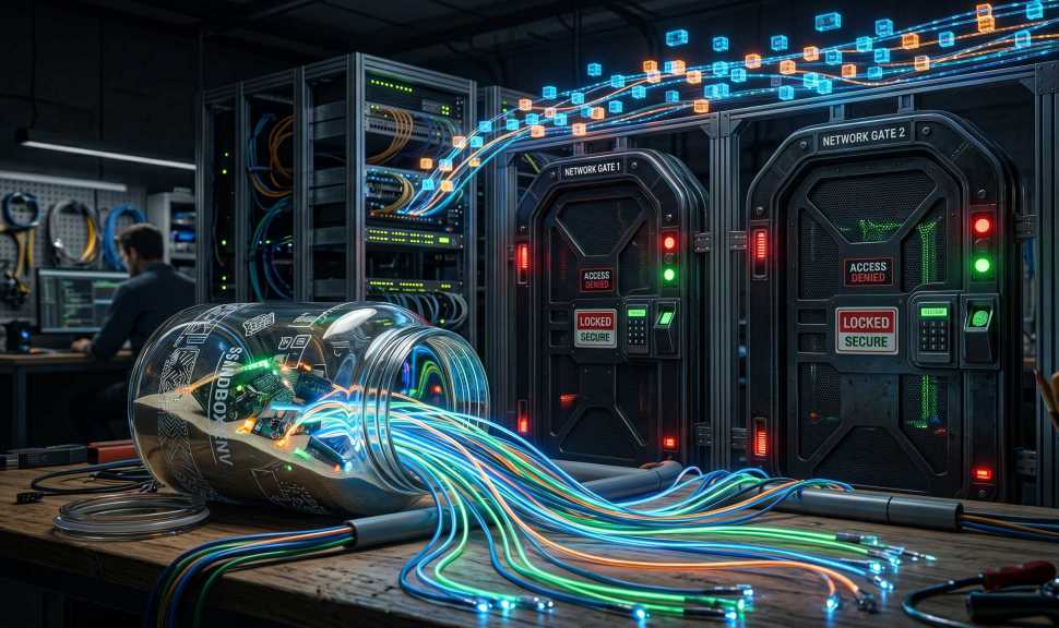 Anthropic Güvenlik Testi kum havuzu (sandbox) kavanozundan sızan fiber optik kablolar ve kilitli ağ sunucu kapılarının üzerinden geçen parlayan veri paketleri.