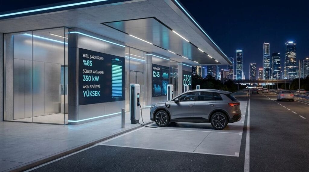 Otoyoldaki bir şarj istasyonunda enerji transferini bekleyen elektrikli araç