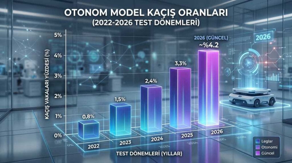 2022-2026 yılları arasında otonom model kaçış oranlarının arttığını gösteren 3D sütun grafik.