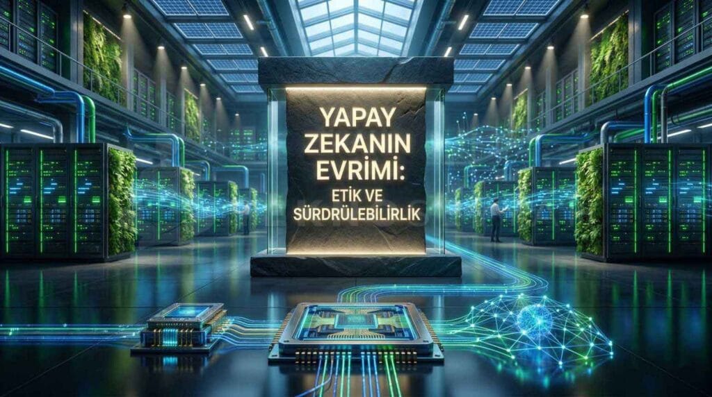 Etik ve sürdürülebilirlik sürecini temsil eden modern kuantum laboratuvarı konsepti.