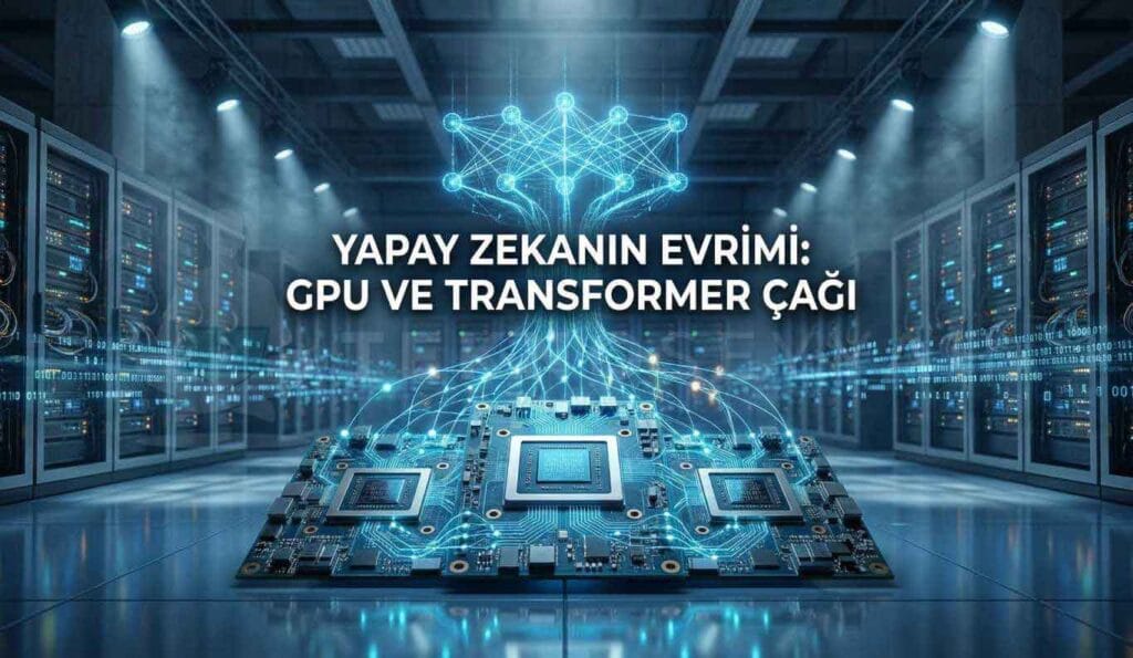 Yapay zekanın evrimi sürecinde donanım ve algoritma gelişimini simgeleyen GPU ve sinir ağları