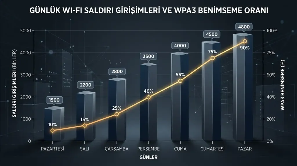 Ev Wi-Fi ağlarına yönelik günlük saldırı denemeleri ve WPA3 benimsenme oranları.