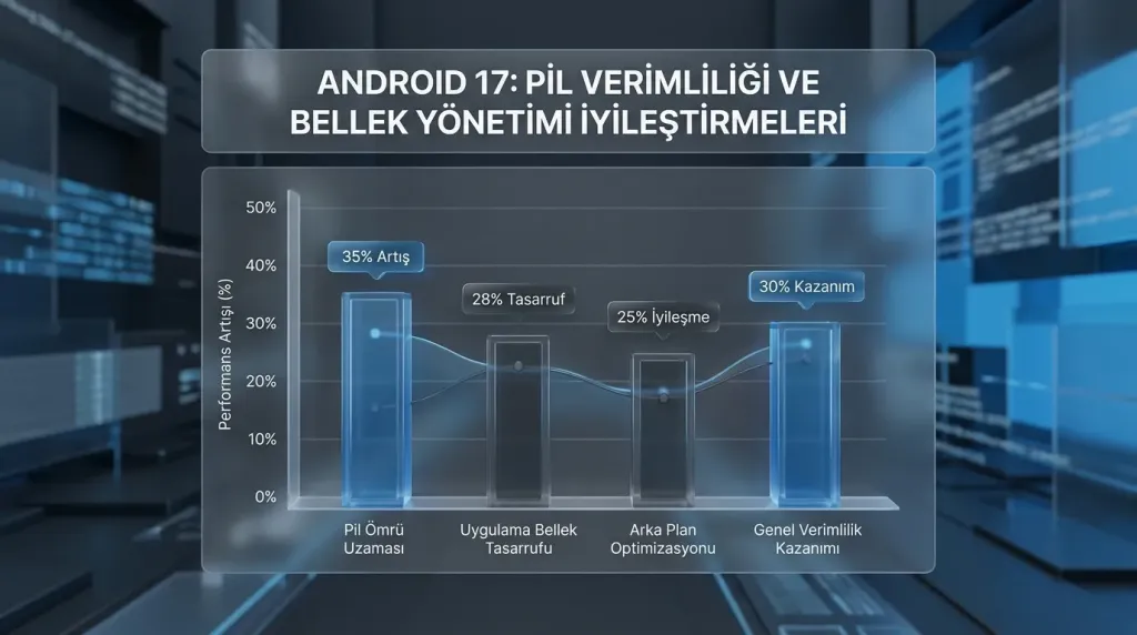 Android 17 özellikleri pil verimliliği ve bellek yönetimi iyileştirmeleri grafiği