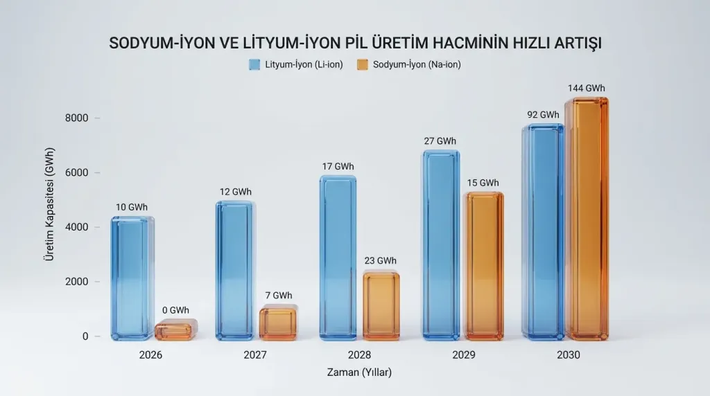 Sodyum iyon ve lityum iyon batarya üretim hacmi tahmin grafiği 2026
